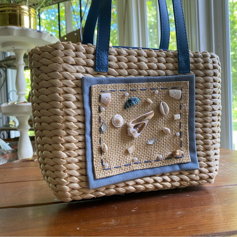 Kim Rogers Straw/Paper Mini Tote/Hand Bag w. Sea Blue Lining & Shell Accents